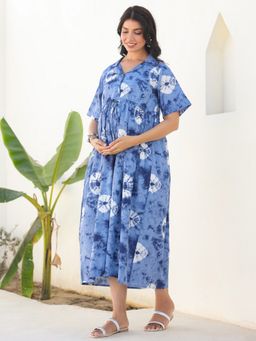 Janasya - Womens Blue Pure Cotton Tie and Dye Gathered Maternity Dress