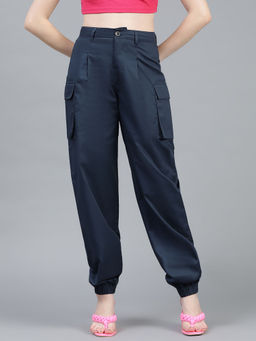 KOTTY - Womens High Rise Cotton Blend Jogger Fit Korean Blue Cargo Pant