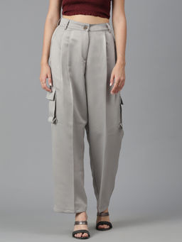 KOTTY - Womens High Rise Cotton Blend Relaxed Fit Grey Cargo Pant