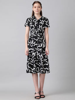 KOTTY - Womens Collared Neck Fit And Flare Printed Black Dress