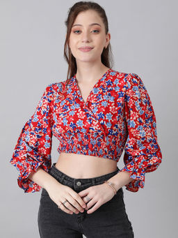 KOTTY - Womens Bishop Sleeve Printed Red Crop Top