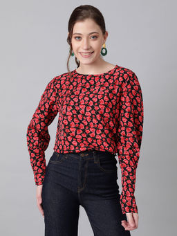 KOTTY - Womens Casual Bishop Sleeve Printed Black Pink Red Top
