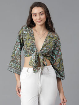 KOTTY - Womens Casual Flute Sleeves Printed Crop Top