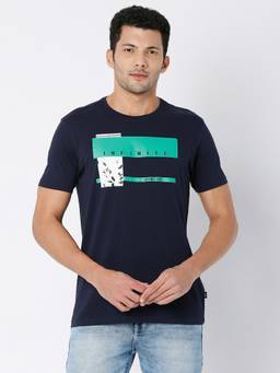 Spykar - Navy Blue Cotton Half Sleeve Printed Casual T-Shirt for Men