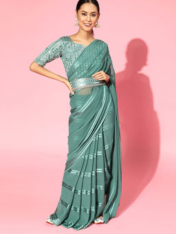 Sareemall - Teal Green Party Wear Georgette & Satin Stripes Saree with Unstitched Blouse