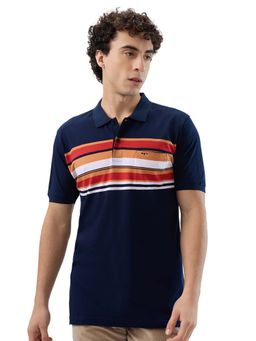 ColorPlus - Men Regular Fit Striped Navy Blue Polo T-Shirt