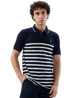 Raymond - Men Regular Fit Striped Navy Blue Polo T-Shirt