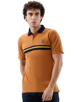 Raymond - Men Regular Fit Striped Orange Polo T-Shirt