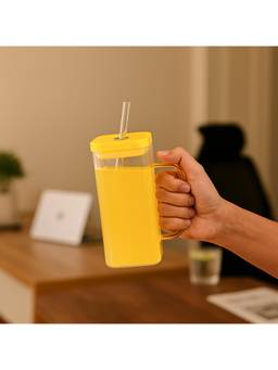 Voncasa - Yellow Mason Mug - Square Glass Sipper with Glossy Finish & Sturdy Handle