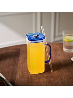 Voncasa - Blue Mason Mug - Square Glass Tumbler with Glossy Finish & Handle