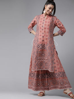 Juniper - Peach Geometric Printed Pure Cotton Kurta & Palazzo Set with Lace Work