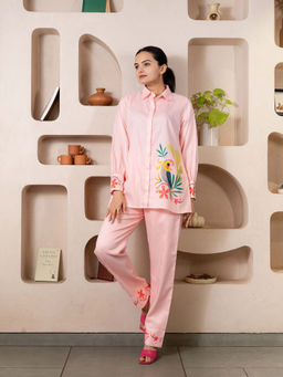 WEAVLLITE - Womens Pink Silk Blend Printed Co-Ord (Set of 2)