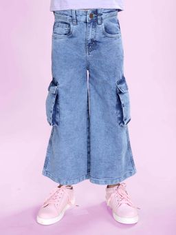 KiddoPanti - Girls Denim Solid Flared Utility Cargo Pant Blue