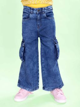 KiddoPanti - Girls Denim Solid Flared Utility Cargo Pant Blue