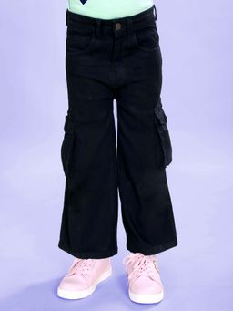 KiddoPanti - Girls Denim Solid Flared Utility Cargo Pant Black