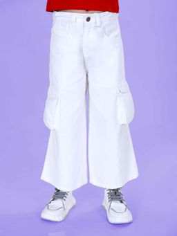 KiddoPanti - Girls Denim Solid Flared Utility Cargo Pant White