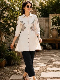 Nayam by lakshita - Ivory Paisley Embroidered Button Down Shirt Style Top