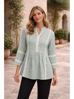 Missprint - Blue Hand Block Cotton Mandarin Top