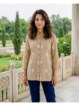 Missprint - Beige Hand-Embroidered Cotton Shirt Style Top
