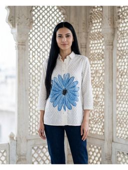 Missprint - Off White Hand-Painted Jacquard Shirt Style Top