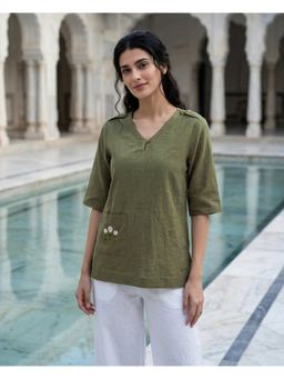 Missprint - Olive Hand-Embroidered Cotton Slub V-Neck Top
