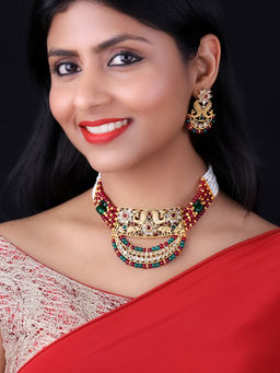 PANASH - Gold-Plated Green Red Kundan Studded Pearl Beaded Jewellery Set