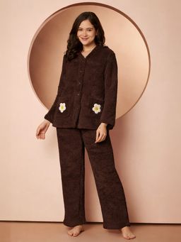 Secret Wish - Brown Velvet Floral Faux Fur Winter Night Suit
