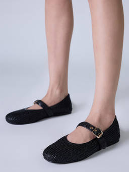 Twenty Dresses by Nykaa Fashion - Women Black Raffia Square Toe Mary Jane Ballerina Flats