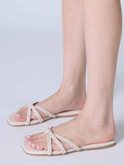 Twenty Dresses by Nykaa Fashion - Women Cream Square Toe Braided Crisscross Strappy Flats