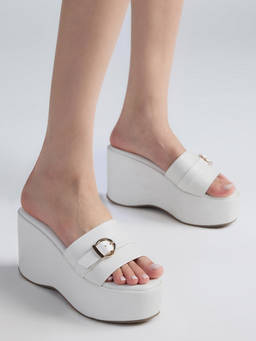 Twenty Dresses by Nykaa Fashion - Women White Round Toe Flatform Wedges with Buckle Detail