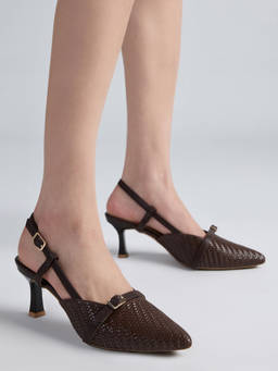 Twenty Dresses by Nykaa Fashion - Brown Womens Textured Pointed Toe Buckle Detail Pump Heels