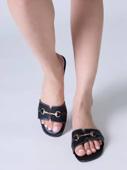 Twenty Dresses by Nykaa Fashion - Black Square Toe Horsebit Buckle Detail Flats for Women