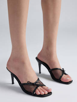 Twenty Dresses by Nykaa Fashion - Women Black Square Toe Stylish Mesh Bow Slip On Stilettos