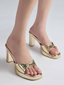 Twenty Dresses by Nykaa Fashion - Gold Women's Square Toe Classy Block Slip On Heels