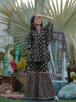 Juniper - Black Cambric Floral Print Tunic Sharara Set With Mask (Set of 3)