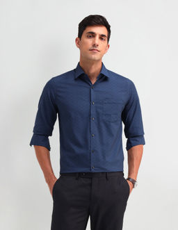 Arrow - Self Design Blue Full Sleeves Collar Neck Shirt