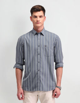 Arrow Sports - Stripes Grey Full Sleeves Collar Neck Shirt