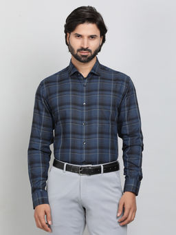 Metal - Blue Blended Fabric Checked Formal Shirt