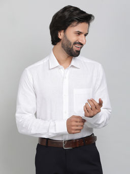 JadeBlue - White Linen Fabric Solid Formal Shirt