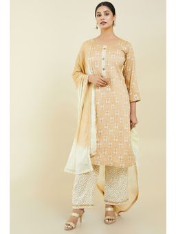 Soch - Women Beige Rayon Printed Dress Material (Set of 3)