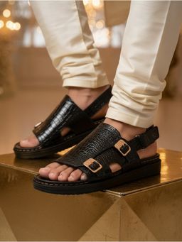 Alberto Torresi - Mens Premium Black Crocodile Pattern Double Monk Strap Sandals