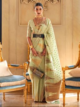 Akhilam - Women's Tissue Light Green Woven Designer Saree with Unstitched Blouse