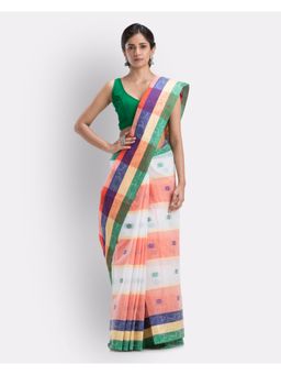 Angoshobha - Box Check Tant Pure Cotton Saree -White, Orange