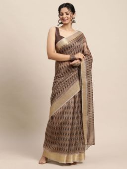 Odette - Womens Cotton Blend Brown Digital Print Designer Saree with Unstitched Blouse