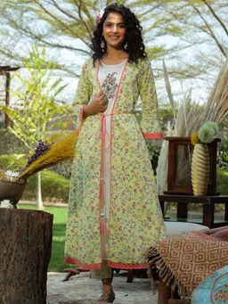 Juniper - Lime Green Floral Printed Cotton Lacy Jacket Style Kurta with Thread Work & Dori At Waist
