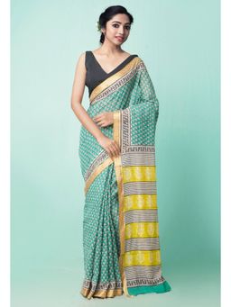 Unnati Silks - Green Pure Preet Bagru Mulmul Cotton Saree with Unstitched Blouse