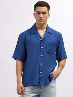 GANT - Mens Blue Textured Cuban Collar Short Sleeves Shirt