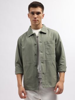GANT - Mens Green Solid Spread Collar Full Sleeves Shirt