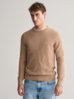 GANT - Mens Khaki Textured Round Neck Full Sleeves Sweater
