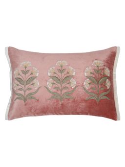 Nisrag Home - Pink Floral Embroidered Velvet Rectangle Cushion Cover (12 x 15 Inches)